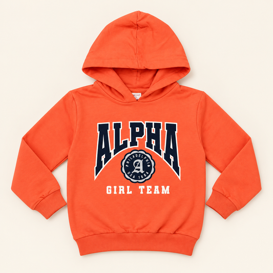 Felpa bambina arancio con cappuccio e dettagli glitter