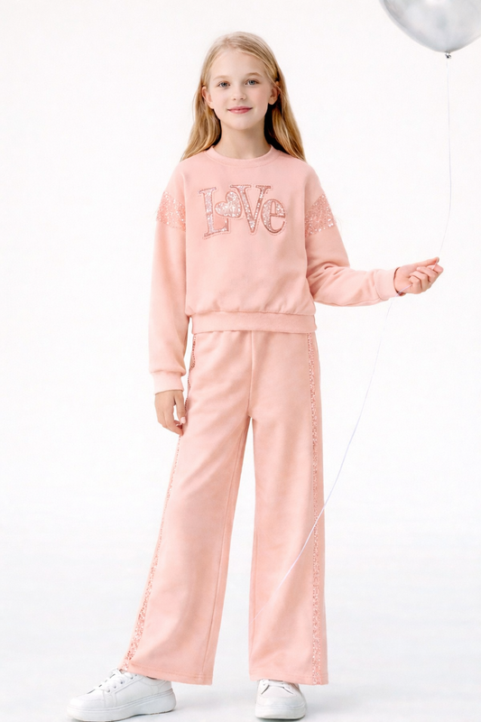 Completo bambina LOVE con paillettes rosa salmone