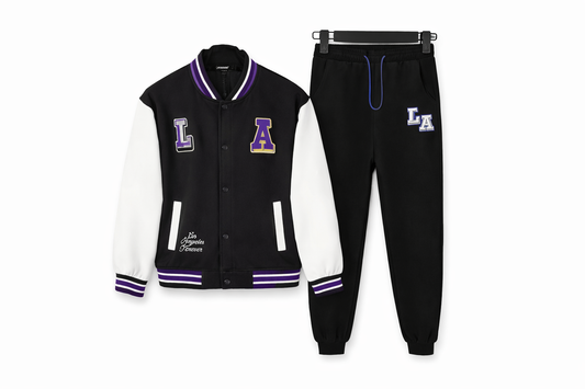 Completo bambino stile college nero con dettagli viola