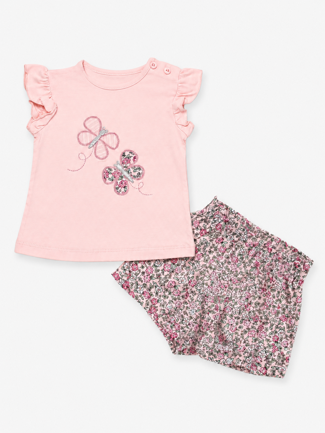 Completo neonata con farfalle ricamate e shorts floreali